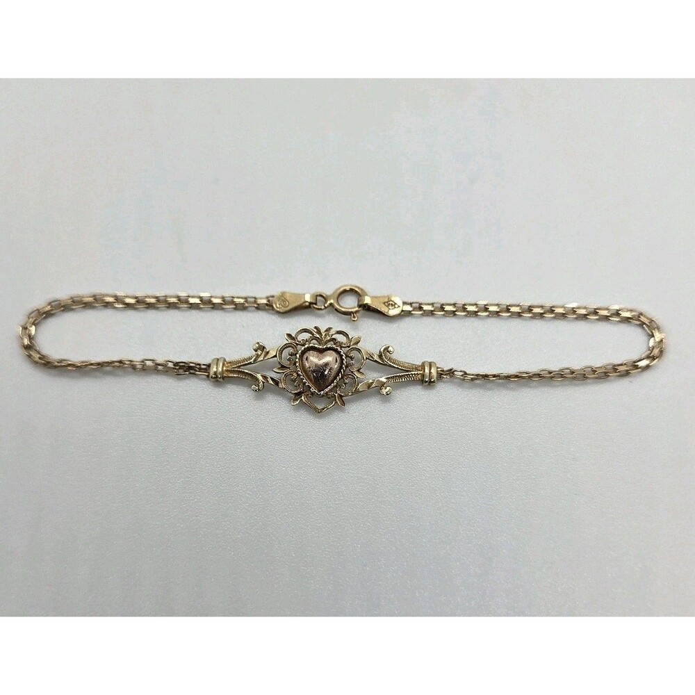 Oroamerica 7.25” 14k Gold Bismark Chain Art Nouveau Heart Centerpiece Bracelet
